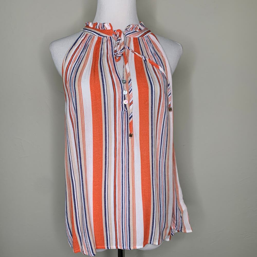 Staccato Gauze Striped Sleeveless Blouse High Neck Sz Medium